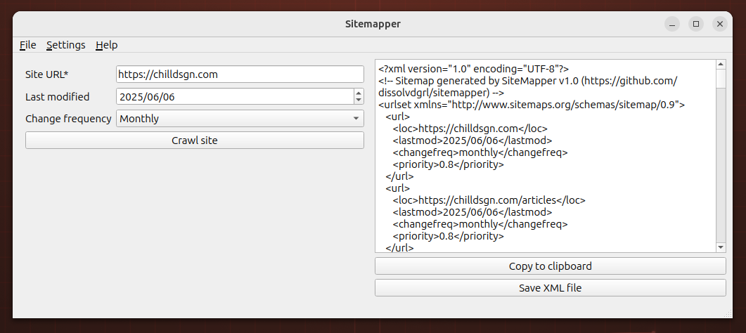 Screenshot of a desktop app called Sitemapper running on Ubuntu Linux